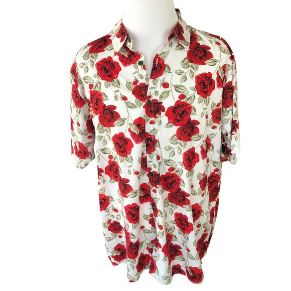 JOGAL‎ Men's Red Rose Short Sleeve Casual Button Down 100% Cotton Shirt Sz XXL - Picture 1 of 11